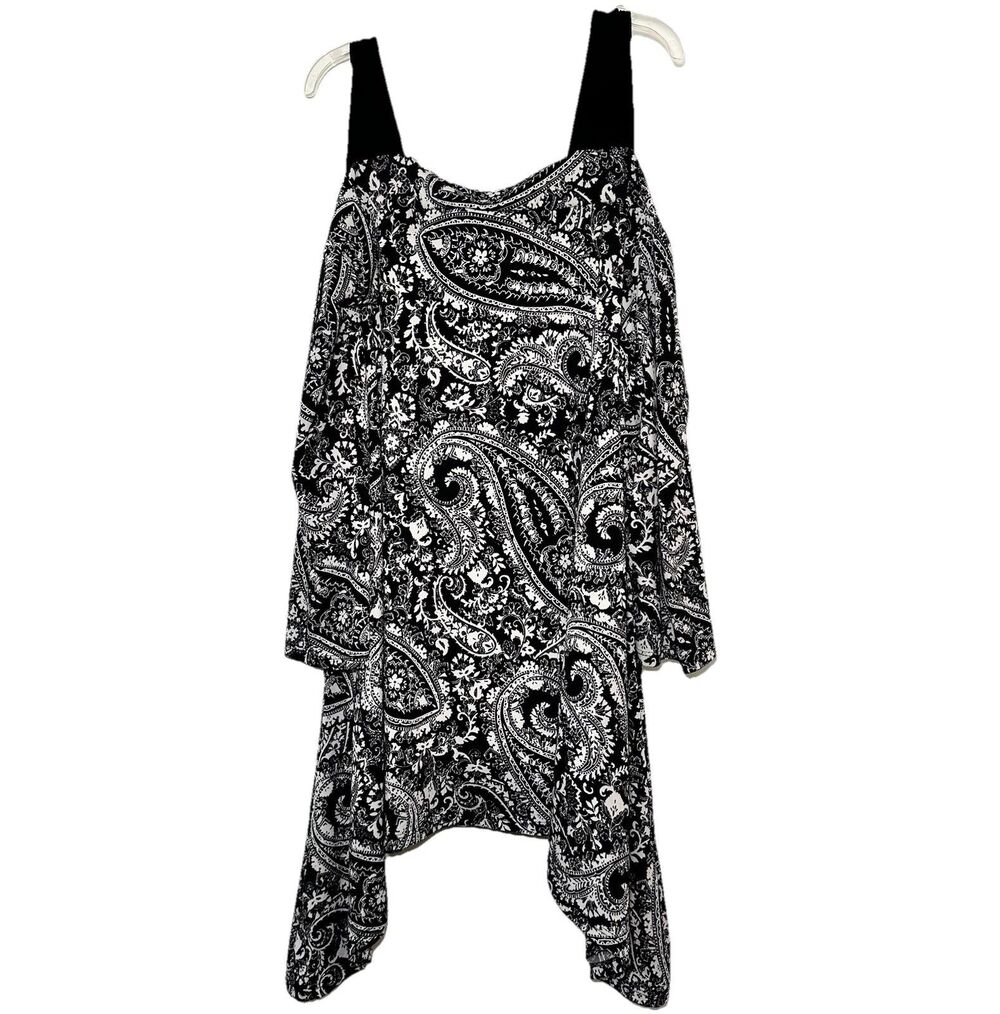 Avenue 18/20 Black White Paisley Cold Shoulder Tunic Sharkbite Hem Plus